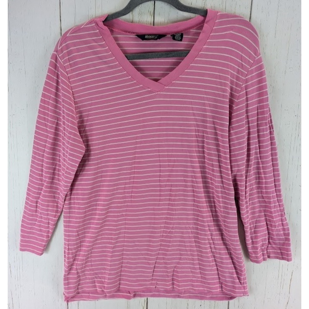 Unbranded Size Large Pink White Stripe V Neck 3/4 Sleeve Womens Cotton Top